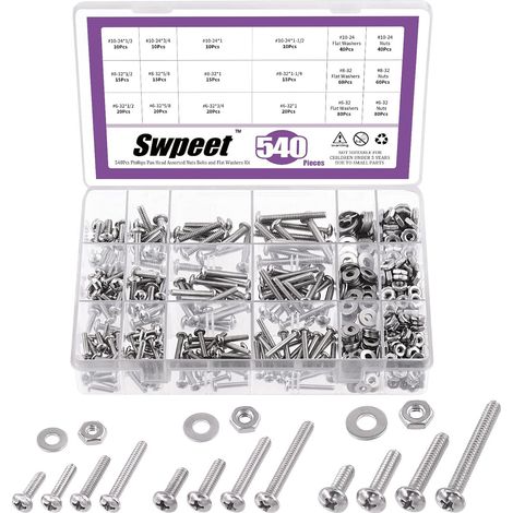 Lot de 540 vis et écrous à tête cylindrique en acier inoxydable 304 SAE 6-328-3210-24 SAE avec rondelles plates, assortiment de vis en acier inoxydable pour un usage domestique (1/5)