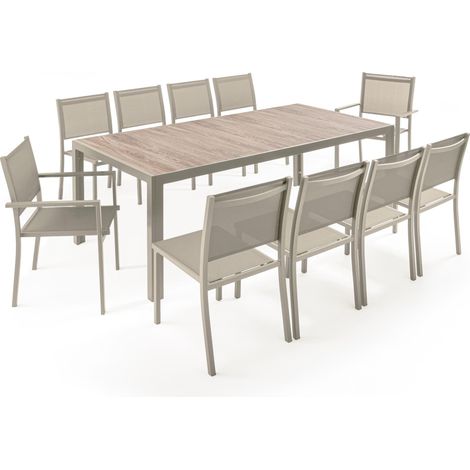 Table de jardin céramique effet bois 206 cm et 10 chaises crème - Tivoli