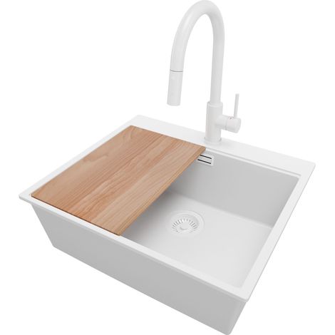 PRIMAGRAN Evier Cuisine en Granit 58x50cm, Lavabo 1 bac + Robinet 40x20cm + Kit de Vidage + Accessoire, Évier à Encastrer au meuble 60cm - Oslo, Tout Blanc (1/5)