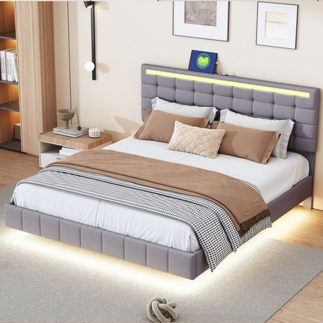 Doppelbettgestell 160x200 cm, Schwebebett, Bett mit LED-Beleuchtung & USB, verstellbares Kopfteil, Bettgestell, Leinen, Grau (1/5)