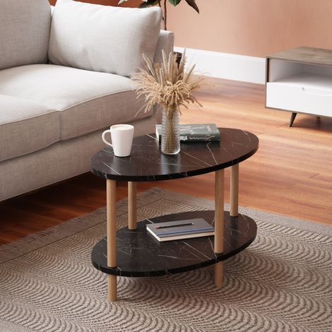 Mesa de centro Højreby ovalada 43x70x44 cm - Efecto mármol, negro [en.casa]