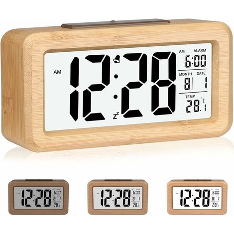 Einfach einzustellender digitaler Bambuswecker mit Temperatur, Datum, Hintergrundbeleuchtung, Schlummerfunktion, für Schlafzimmer, Nachttisch, Zuhause, Büro,