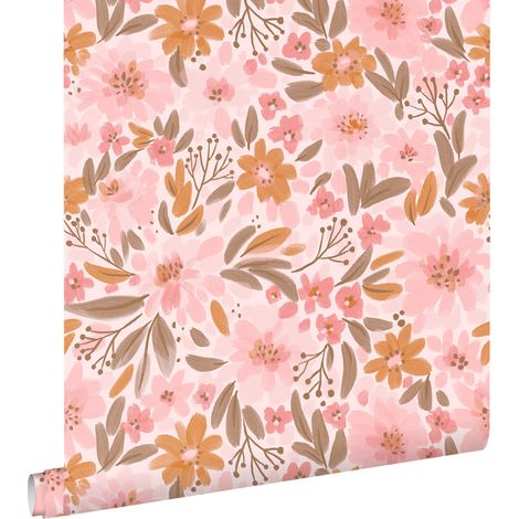 papier peint fleurs rose, orange et vert grisé - ESTAhome (1/5)