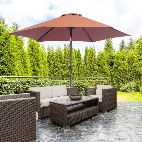 Ombrellone da giardino Ø260x235 cm, reclinabile in alluminio con manovella e 6 stecche in metallo, colore caffè.