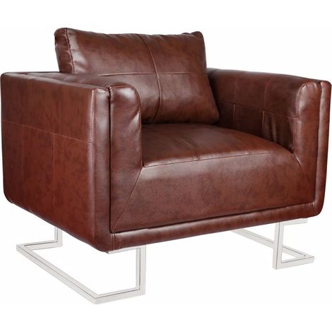 Poltrona sedia lounge sedile designer club divano cubo da soggiorno con gambe cromate in pelle sintetica marrone