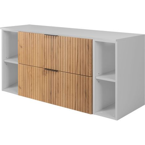 Furnidea - Meuble sous vasque FLOW CHÊNE 120 cm avec 2 x l'étagères - extensions et plan BLANC - 2 tiroirs - façades rainurées (1/5)