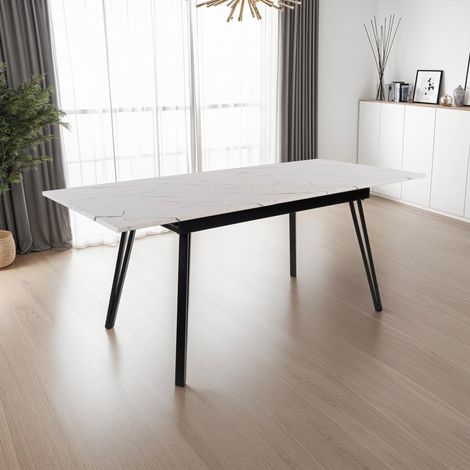 M&S – Table extensible 160/200x90 cm effet marbre blanc – Panneaux de particules et pieds métal – Pour 6 à 8 couverts – Élégance moderne