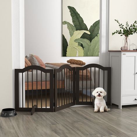 Cancelletto per cani, 3 pannelli, pieghevole, in legno massello e MDF, 154,5 x 29,5 x 61 cm, color caffè.