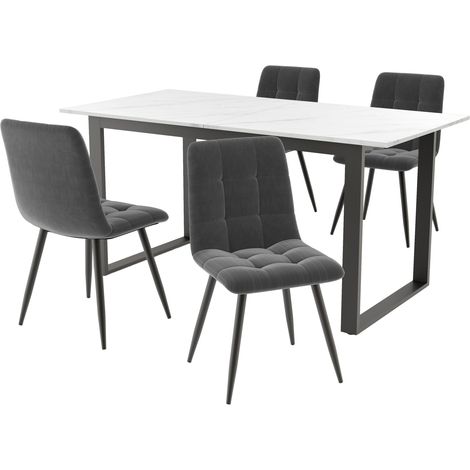 Ausziehbares Esstisch-Set Weiß 140/180x80x75 cm mit 4 grauen Stühlen (1/5)