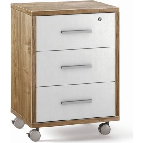 Cajonera con ruedas, 3 cajones 51L x 41P x h71 – Acabado en madera nogal y blanco opaco – Sarmog