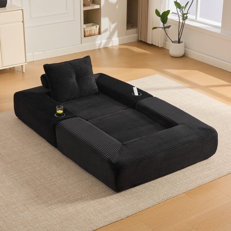Divano letto pieghevole in velluto nero con schiuma 30, molle, tasca e portabicchieri (1/5)