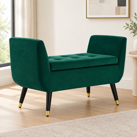 Sitzbank mit Stauraum 107 × 42 × 65 cm in Grün, gepolstert mit Samtoptik (1/5)