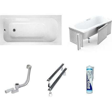 ECOLAM Baignoire rectangle acrylique Continea 140x70 cm, revêtement polystyrène pour carrelage, pieds, siphon et silicone (1/5)