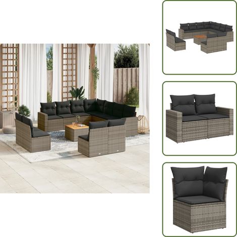 The Living Store 12-tlg. Garten-Sofagarnitur mit Kissen Grau Poly Rattan - Gartenmöbel Set - Lounge Möbel - Outdoor Möbel - Rattan Gartenmöbel - Wetterfeste Gartenmöbel (1/5)