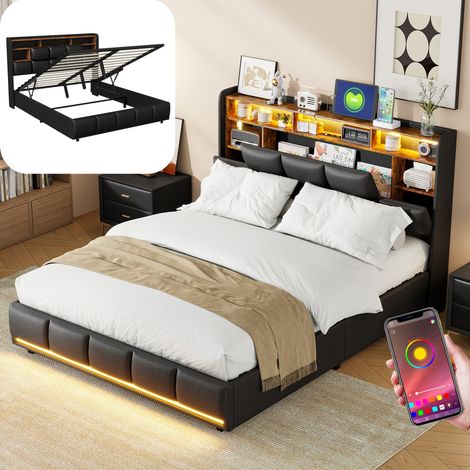 Letto contenitore imbottito 160x200 cm - con illuminazione LED, contenitore idraulico, sommier a doghe, stile contemporaneo, letto matrimoniale per adulti - Nero