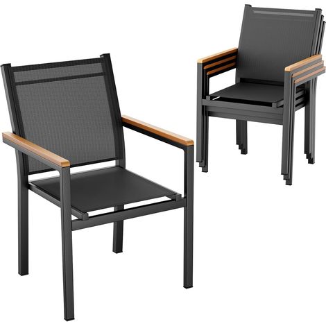 Gartenstuhl 4er Set, Aluminium, Stapelbarer Esszimmerstuhl Textilene, WPC Handlauf, Balkonstühle, für Terrasse, Balkon, Terrasse, Pool, Restaurants, Wetterfest, Schwarz (1/5)