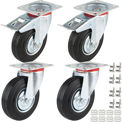 Ruedas giratorias resistentes de 100 mm, juego de 4 ruedas para muebles con freno hasta 300 kg, ruedas de goma, giro industrial de 360° (2 ruedas + 2 ruedas con freno)