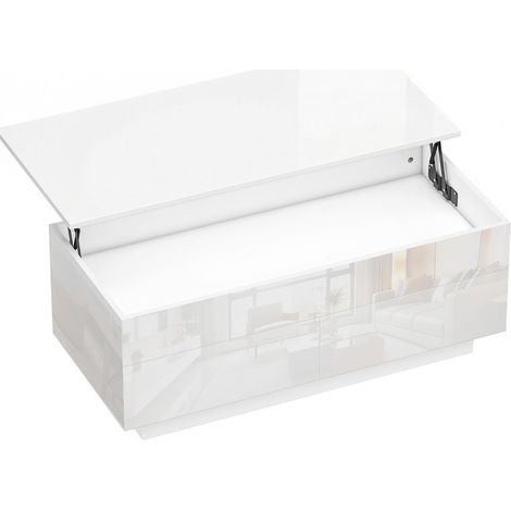 Tavolino da salotto elevabile bianco lucido con vano nascosto e 2 cassetti, 102 x 48 x 54,5 cm (1/5)