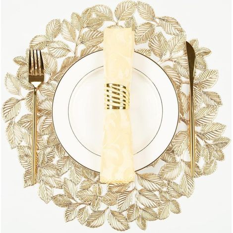 Lot de 6 sets de table ronds avec motif feuilles dorées - Antidérapants et faciles à nettoyer - Idéaux pour les dners, les fêtes et les mariages. (1/5)