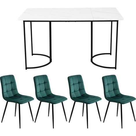 Conjunto de comedor de 5 piezas, mesa 140x80 cm efecto mármol blanco con 4 sillas verdes (1/5)