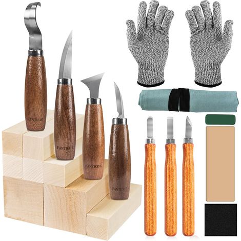 Ciseaux à Bois,20 in 1 Outils de Sculpture bois,Outillage Bois avec 7 Couteau Sculpture bois,8 Blocs de Tilleul,Junior Outil de Ciseaux a Bois Kit DIY avec Gants anti-coupure (1/5)