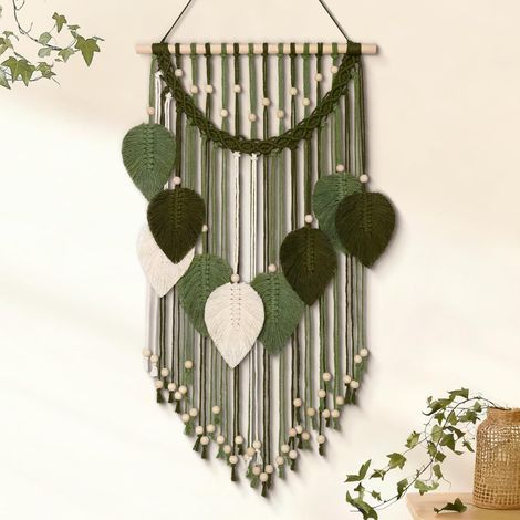 Tapisserie murale macramé bohème avec perles en bois et feuilles vertes, tissée à la main pour chambre, salon, bureau, couloir. (1/5)