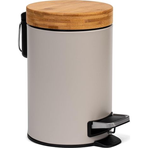 Poubelle de Salle de Bain Design 3 Litres - Bambou Supérieur Fermeture Souple Anti-Trace Taupe (Clair) (1/5)