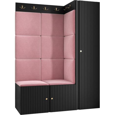 Meuble d'entrée Hartford 385, Noir, 186x124x46cm, MDF, Stratifié, Tissu, Murale, À poser