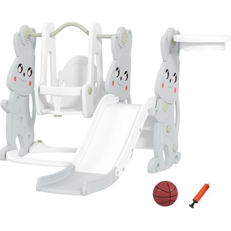 Jeu 4-en-1 pour enfants avec toboggan, balançoire, mur d'escalade et panier de basket - design lapin pour intérieur et extérieur - gris (1/5)