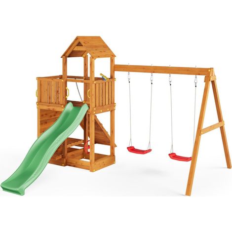 Funni Aire de Jeux Enfant Extérieure – Bois Teck – Toboggan 2,2 m – Balançoire Double – Jusqu’à 7 Enfants – EN 71 (1/5)
