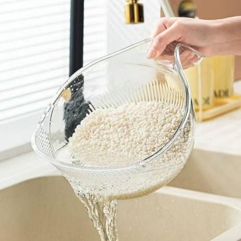Passoire à Riz Multifonction avec Poignées, Bol de Lavage et Égouttoir pour Fruits et Légumes, Ustensile de Cuisine Transparent Vert (1/4)