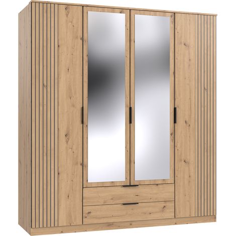 Armoire avec corniche, meuble de rangement + 2 miroirs coloris rechampis imitation chêne artisan - Longueur 180 x Hauteur 199 x Profondeur 58 cm (1/3)