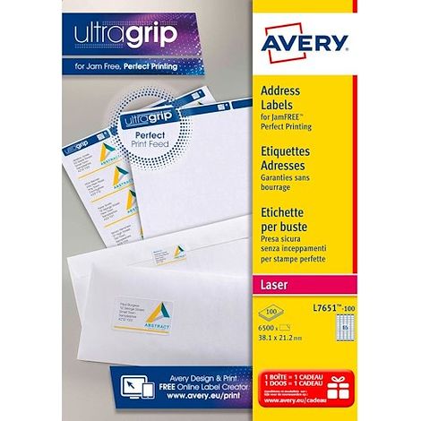 Etiquettes adresses laser 38,1 x 21,2 mm Avery L7651-100 - Boîte de 6500 (1/4)