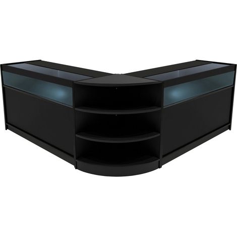 Comptoirs de Vente en MDF Noir à LED Blancs Ensemble Theseus LM60 B1500 3 Unités de Rangement Étagères Internes Portes Coulissantes Verouillables Réception Bureau Vêtements Bijoux [Clés INCLUS] (1/5)