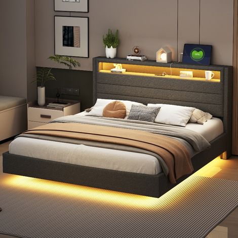 Polsterbett 160x200 grau mit USB-Anschluss und farbwechselnder LED Beleuchtung, Doppelbett aus Leinenstoff mit Stauraum Kopfteil (1/5)