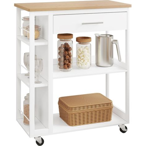 WOLTU Carrello da Cucina in Legno. Mobiletto Portaoggetti con Ruote Girevoli. Cassetto e Ripiani Aperti. Carrellino Salvaspazio Porta Microonde. Bianco. 73x38x88cm (1/5)
