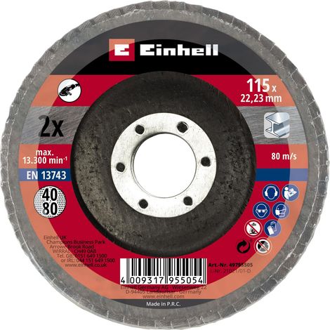 Einhell - Set di 2 dischi a ventaglio (accessori per smerigliatrice angolare, grana P40 e P80, Ø 115 x 22,23 mm, mop, dischi lamellari per metallo e acciaio) (1/2)