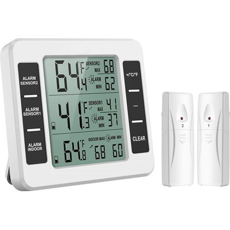 Thermomètre de frigo congélateur, thermomètre de réfrigérateur sans fil avec 2 capteurs, alarme sonore, min/max pour maison, cuisine, restaurant. (1/5)