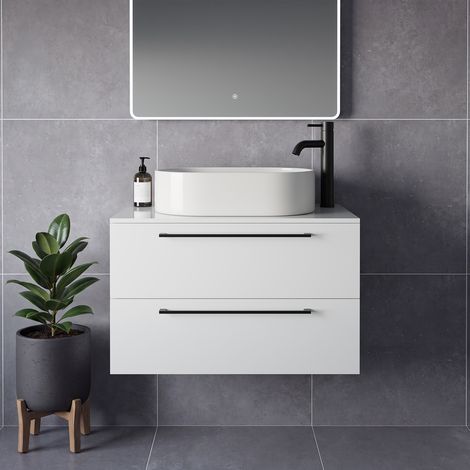 Napoli 460 Gloss White 800mm Wall Mounted 2 Drawer Vanity Unit for Countertop Basins - 800mm - Matt Black 480mm Handle