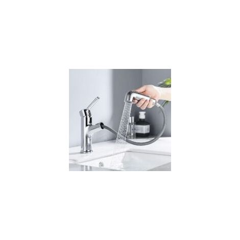 Robinet de Lavabo avec Douchette Extractible, Mitigeur Salle de Bains avec 2 Modes D'écoulement aux Choix, Robinettrie Lave-mains Aérateur Démontable, Cartouche en Céramique, Chromé, Laiton (1/5)