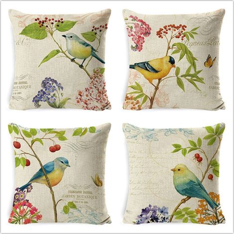 Set di 4 federe per cuscini da esterno, impermeabili, con motivo floreale e di uccelli, colore verde, ideali per divano, patio, giardino, soggiorno e camera da letto, dimensioni 45x45 cm. (1/5)