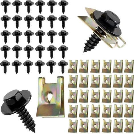 60-teiliges Kfz-Schrauben- und Mutternclip-Set: 30 Karosserieclips, 30 Karosserieschrauben für Kotflügel, Karosserieclips, U-förmige Befestigungsmuttern