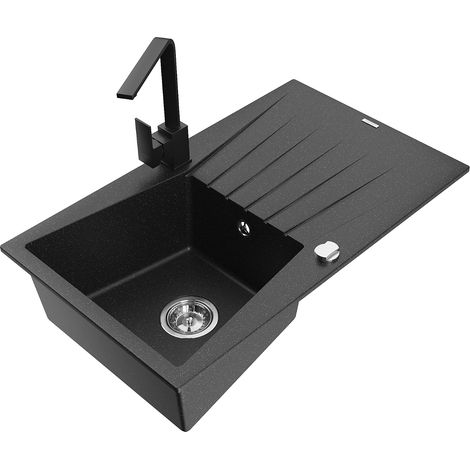 Mexen Cesar fregadero de granito de 1 cubeta con escurridor y grifo de cocina Rita, negro/met谩lico plateado - 6514-73-670300-70 (1/5)