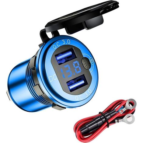 Waterproof QC3.0 Car Motorcycle USB Charger, 12/24V Aluminum Alloy Dual USB Charging Socket with Switch and LED Voltmeter for Cars, Boats, ATVs, Buses (Blue) (1/5)