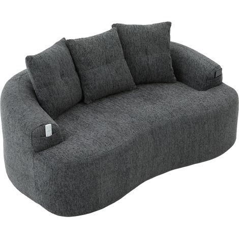 Divano a 2 posti curvo grigio in ciniglia con 3 cuscini decorativi (1/5)