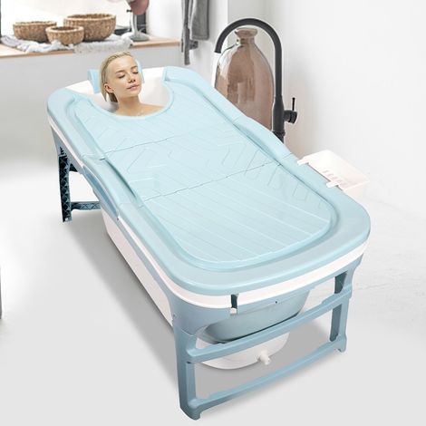 Wolketon Bañera plegable 118x60x50cm Adulto Azul Material compuesto PP-TPE con tapa ahorro de espacio baño pequeño (1/5)