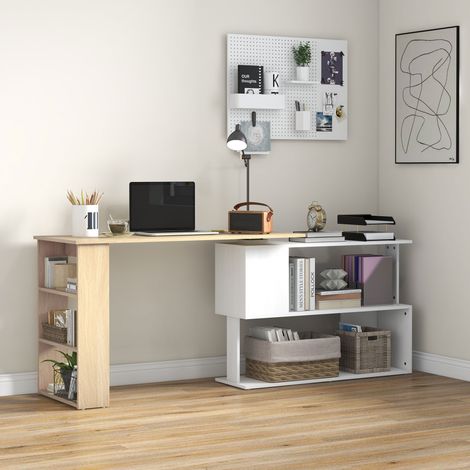 Escritorio en L con Estantería Mesa de Escritorio con Estantes para Oficina Estudio 120x110x74,5 cm Natural y Blanco (1/5)