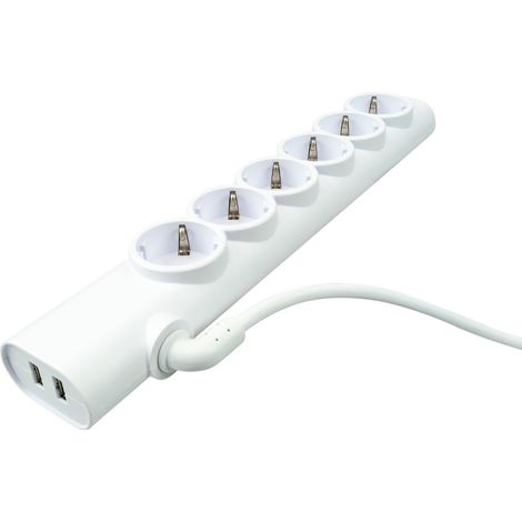 Multiprise 6 Prises avec 2 x USB, fiche Plate avec câble Rotatif à 180 °, multiprise avec sécurité Enfant pour l'intérieur, Blanc (1/3)