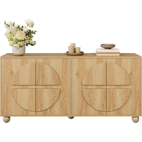 Buffet 4 portes avec relief circulaire, étagères réglables et 2 compartiments fermés, meuble d'entrée et salon en bois clair - CHICFURN (1/5)