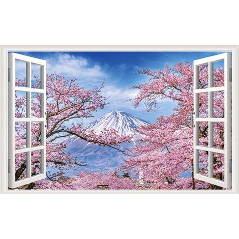 43.5x70cm Simulation Décalque Fenêtre - Cherry Blossom Snow Mountain Wall 3D Landscape Decal Poster Decorations Living Room Bedroom Home Decor Home Landscape (1/4)